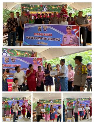 Gelar Minggu Kasih Polres Kuansing Bagikan Sembako Kepada Jemaat Gereja HKBP Pardomuan Nauli Teluk K